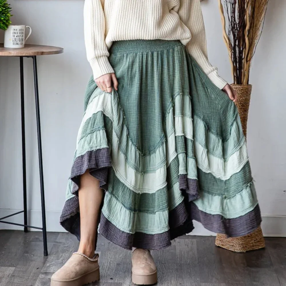 Oli & Hali Washed Tiered Smocked Waist Flare Hem Skirt NEW Size Small